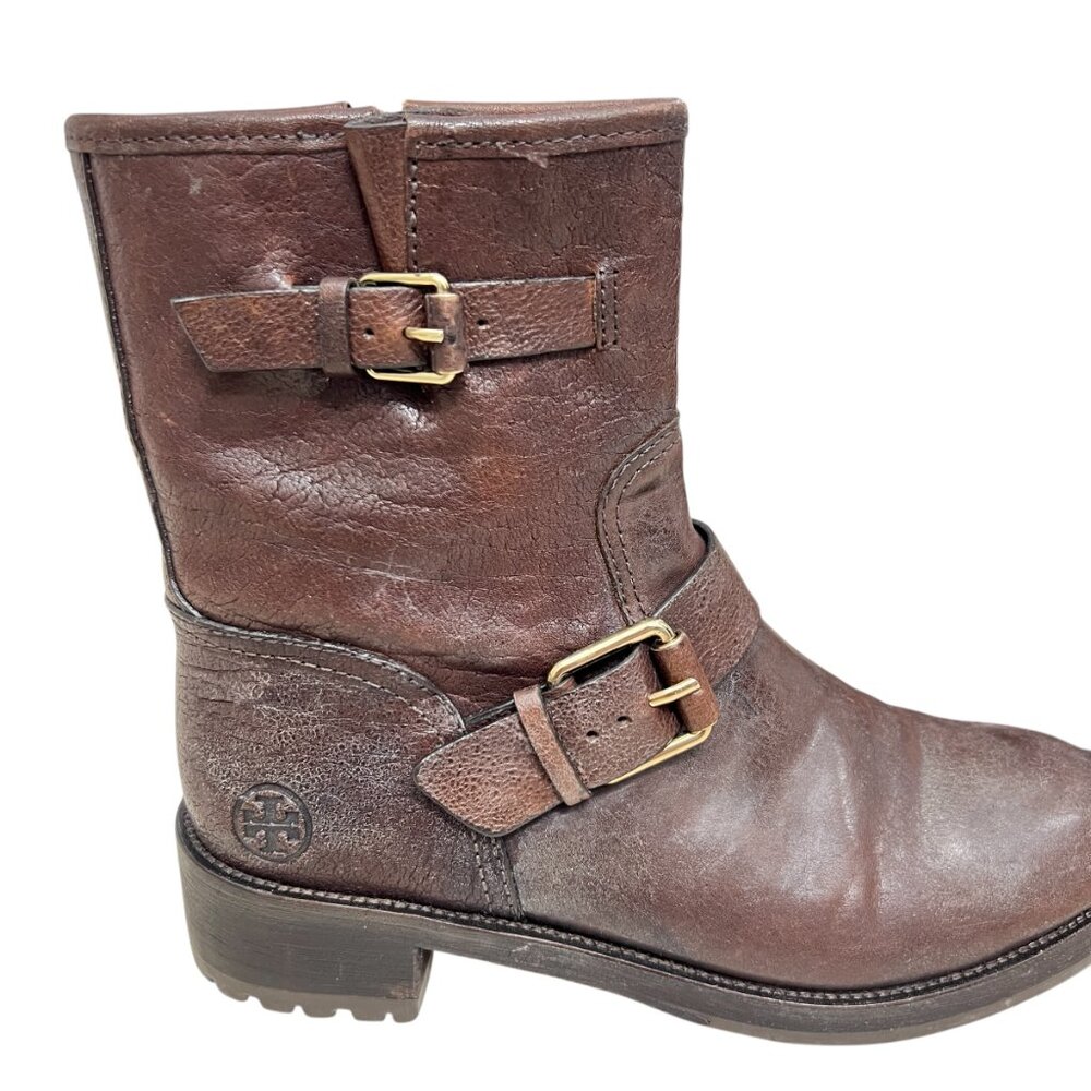 Tory Burch Chrystie Leather Moto Buckle Boots Dark Brown Women's size 7.5 - Picture 5 of 14
